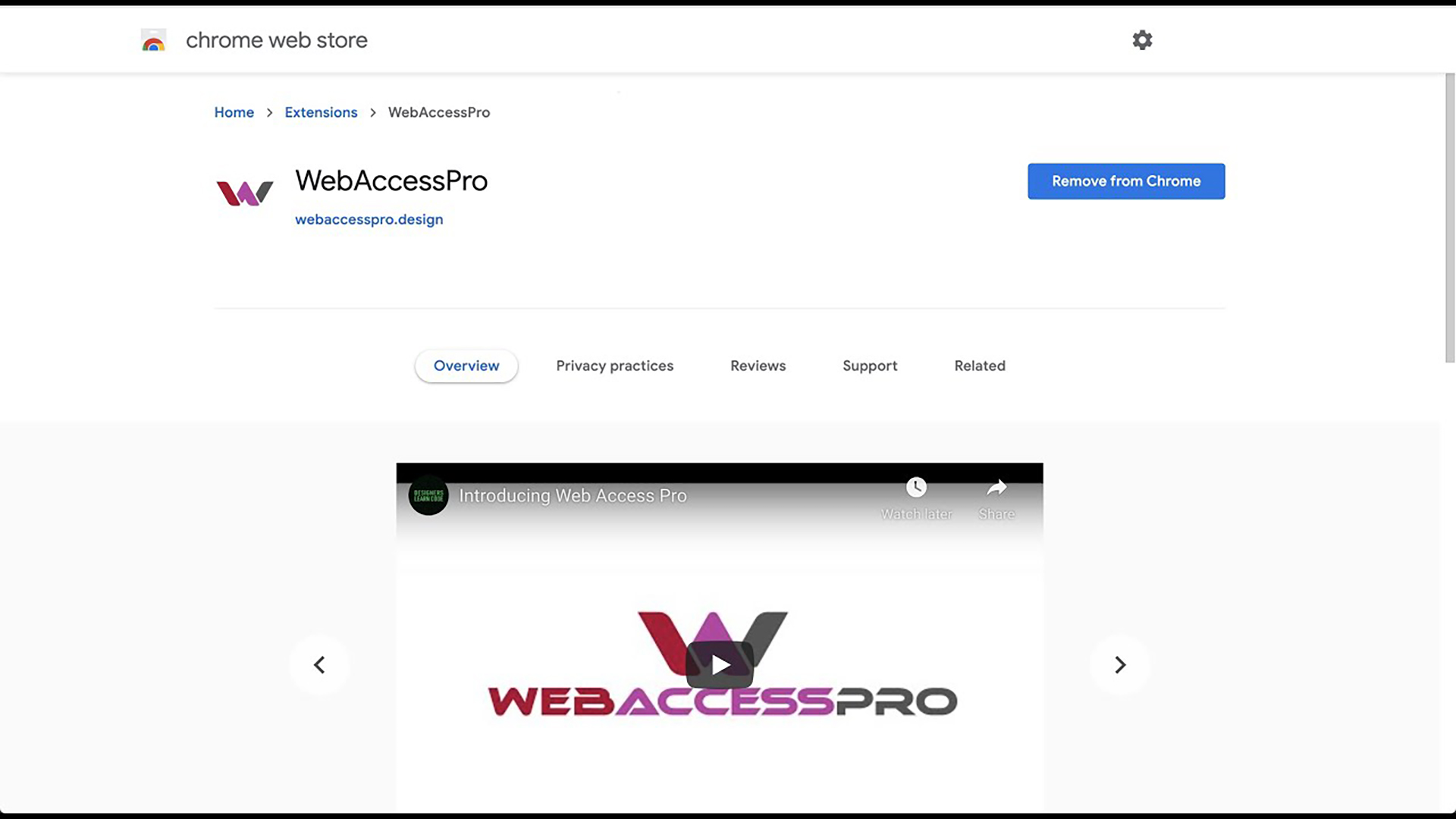 The Web Access Pro extension page on the Chrome Web Store