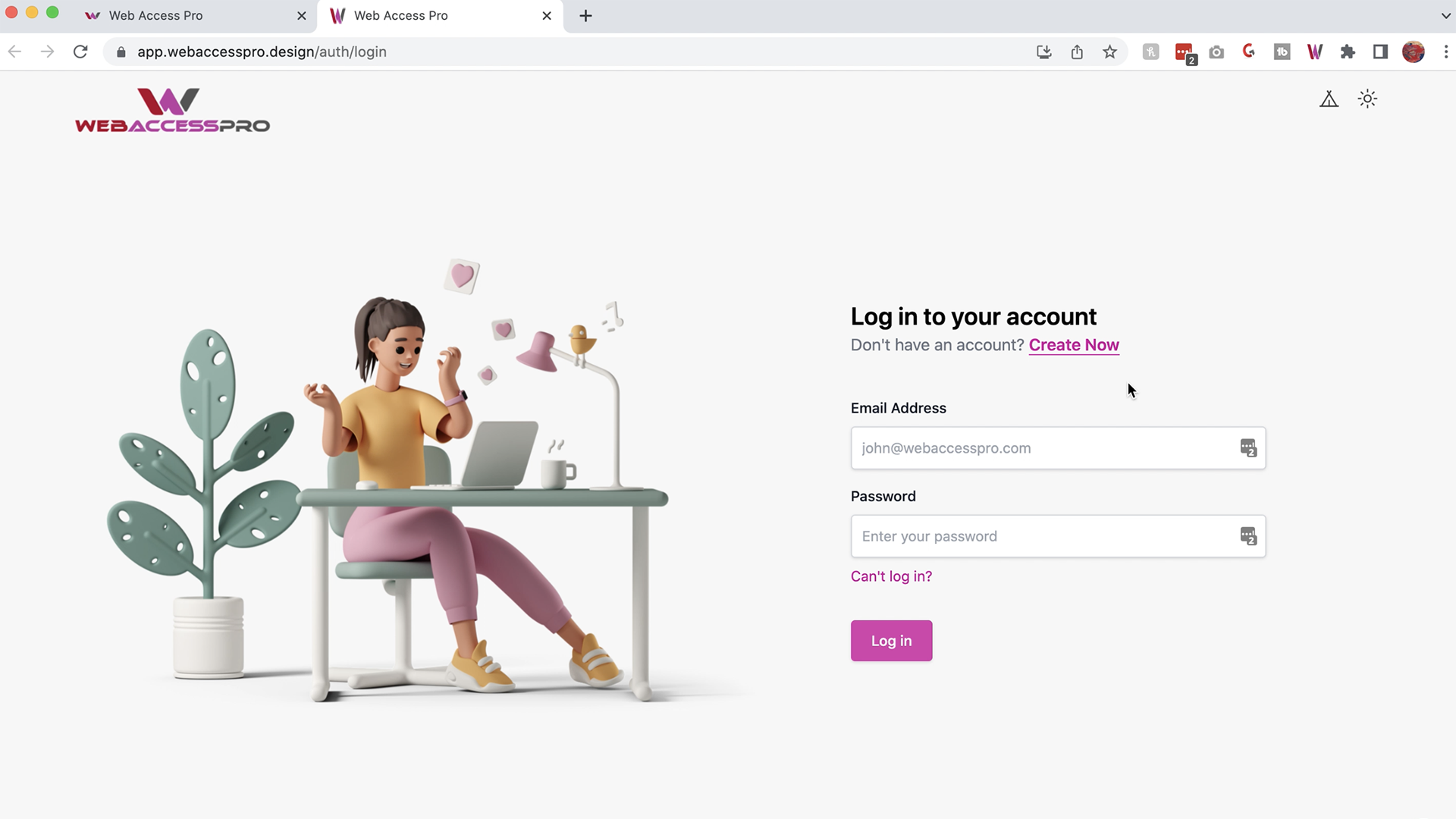 The Web Access Pro dashboard features a create account feature and an illustration of a woman at a computer rejoicing